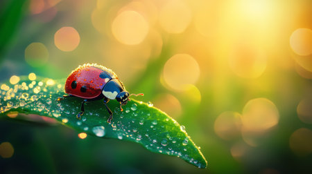 A vibrant ladybug sits atop a dewy leaf as sunlight filters through, creating a serene atmosphere filled with color and life in a natural setting.の素材