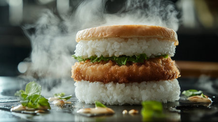 A delectable sandwich featuring a crispy chicken fillet sandwiched between layers of rice and fresh lettuce, creating a unique culinary experience.の素材