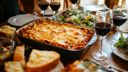 A warm and inviting dinner scene featuring homemade lasagna, fresh salad, and glasses of red wine, perfect for family gatherings and celebrations.の素材