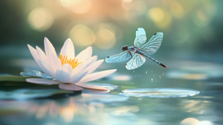 A delicate dragonfly hovers over a stunning water lily in a tranquil pond, capturing the beauty of nature. Perfect for themes of serenity and elegance.の素材