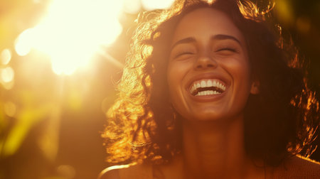 A joyful woman laughing under golden sunlight, capturing a moment of pure happiness in nature. Her radiant smile and carefree spirit inspire joy and warmth.の素材