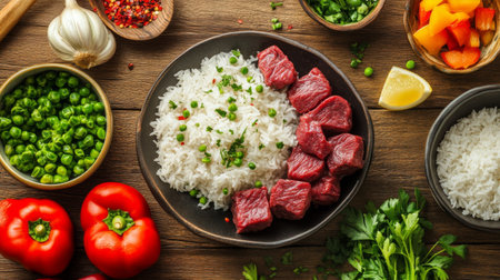 A rustic wooden table is adorned with fresh ingredients including rice, colorful vegetables, and raw meat, perfect for meal preparation or culinary inspiration.の素材