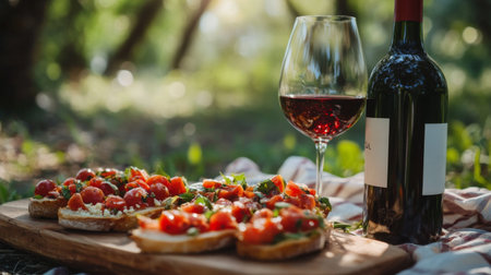 A vibrant outdoor scene featuring fresh bruschetta topped with tomatoes and basil, accompanied by a glass of red wine, perfect for summer gatherings.の素材