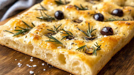 A close-up of freshly baked focaccia topped with rosemary and olives, showcasing its golden crust and soft texture. Perfect for culinary inspiration.の素材
