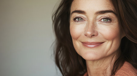 A joyful woman with a soft smile and natural beauty. Her relaxed expression radiates warmth and confidence, making it a perfect portrait for promoting happiness.の素材