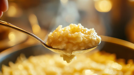 A close-up of creamy risotto on a spoon, highlighting its rich texture and warmth. Perfect for illustrating culinary delights and comfort food.の素材