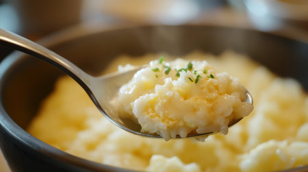 A closeup of creamy mashed potatoes served in a bowl, perfect for a comforting meal. Ideal for showcasing homemade cuisine and delicious sides.の素材