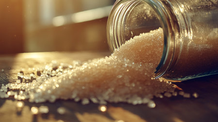 A close-up image of golden brown sugar spilling from a glass jar onto a wooden table, illuminated by soft sunlight, capturing the sweet and natural essence of this essential ingredient.の素材