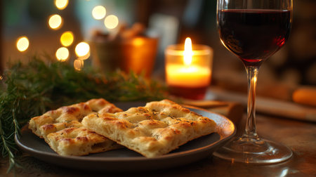 Enjoy a cozy dinner scene featuring freshly baked bread and a glass of red wine. Perfect for a romantic evening, this setup creates an inviting atmosphere.の素材