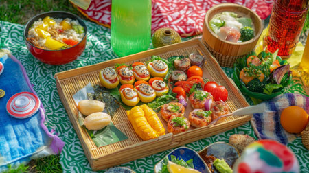 A vibrant picnic spread showcasing an array of delicious Japanese dishes, featuring sushi, shrimp, and fresh vegetables. Perfect for outdoor gatherings.の素材