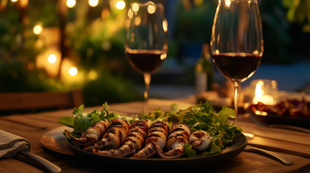 Elegant outdoor dinner featuring grilled seafood on a plate, complemented by glasses of red wine, surrounded by soft evening lights and greenery.の素材