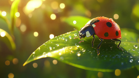 A vibrant ladybug rests on a dewy leaf, illuminated by soft morning light. This closeup captures the beauty of nature, showcasing delicate details and rich colors.の素材