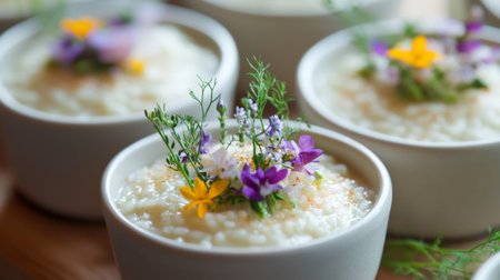A delightful presentation of creamy rice pudding garnished with fresh flowers, offering a touch of nature to a delicious dessert perfect for any occasion.の素材