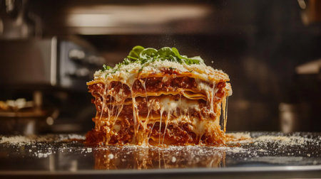 A mouthwatering slice of lasagna showcasing layers of cheese, meat, and rich sauce, perfectly baked to golden perfection, ideal for any meal.の素材