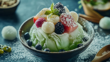 A beautifully arranged fruit dessert featuring fresh berries, melon, and a dusting of snow powder for a refreshing and vibrant summer treat.の素材