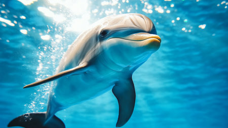 A close-up of a graceful dolphin swimming in clear blue water, showcasing its playful nature and beautiful features under the sunlight. Perfect for marine wildlife themes.の素材