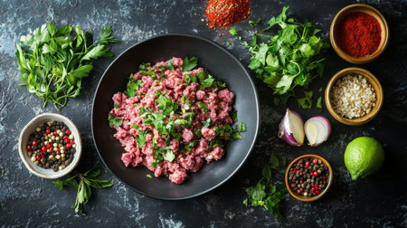 A vibrant display of fresh ground meat topped with herbs and spices, showcasing a culinary preparation scene perfect for food recipes and cooking inspiration.の素材