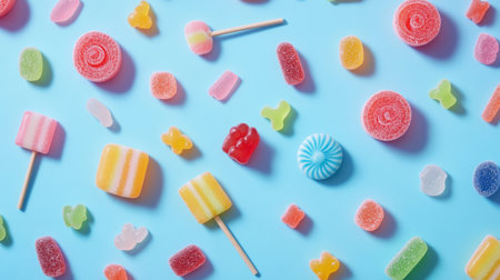 Explore a vibrant collection of assorted candies displayed on a bright blue background, perfect for evoking fun, sweetness, and nostalgia.の素材