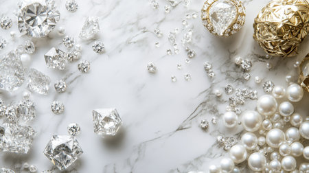 A stunning composition featuring various gems and pearls on a sleek marble surface. Perfect for showcasing elegance, luxury, and refined beauty in design projects.の素材