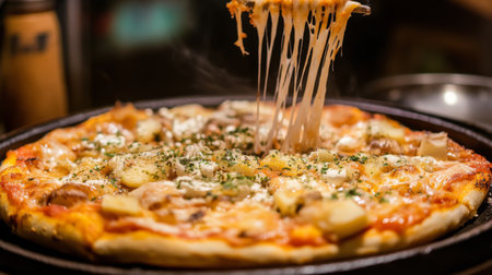 A mouthwatering pizza with melted cheese and fresh toppings, showcasing a gooey cheese pull. Perfect for any meal or gathering, this image captures delicious comfort food.の素材