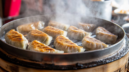 A close-up of delicious steaming dumplings in a bamboo steamer. The scene captures the texture and warmth of freshly prepared cuisine, evoking savory aromas.の素材