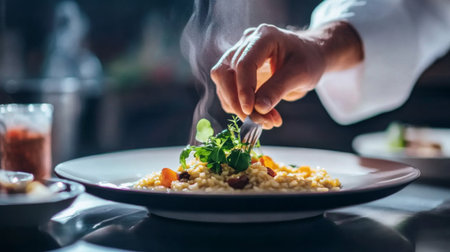 A chef carefully garnishes a warm plate of risotto with fresh herbs. This captures the passion for culinary artistry and the creation of delicious meals.の素材