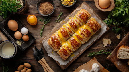 A delectable pastry dish surrounded by fresh ingredients, eggs, and herbs, showcasing a rustic kitchen setup perfect for culinary inspiration.の素材