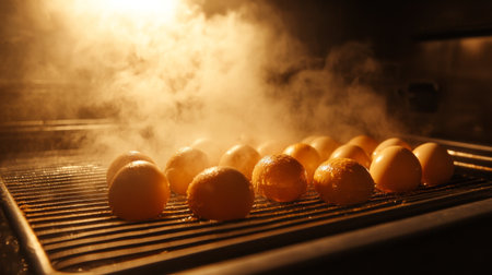 A visually appealing shot of steaming eggs on a grill, showcasing the cooking process in a warm kitchen setting, perfect for food-related content.の素材