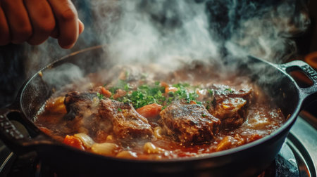 A close-up view of a steaming meat dish simmering in a pot, filled with colorful vegetables and aromatic herbs, capturing a warm culinary moment.の素材