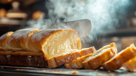 A freshly baked loaf of bread emits steam as it is sliced, showcasing its soft interior and golden crust, perfect for delicious meals and snacks.の素材