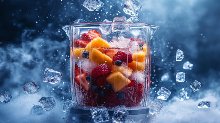 A vibrant medley of fresh fruits including mango, raspberries, and blueberries, mixed with ice cubes in a glass container, perfect for refreshing summer dishes.の素材