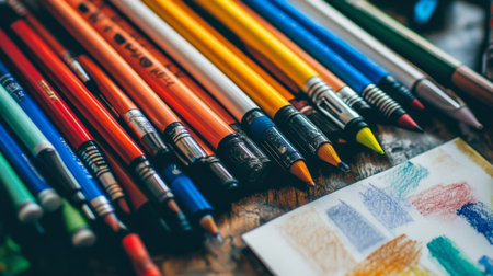 A vibrant collection of art supplies arranged on a rustic wooden table, featuring colored pencils and crayons with a swatch of colors, perfect for creative projects.の素材