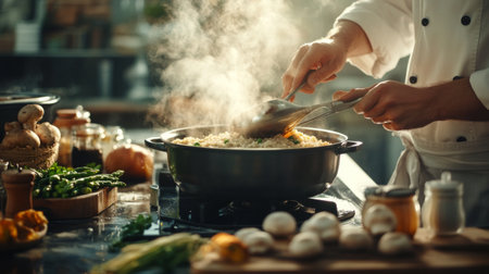 A chef skillfully prepares a delicious dish in a rustic kitchen, with fresh ingredients steaming in a pot, showcasing culinary expertise and vibrant textures.の素材