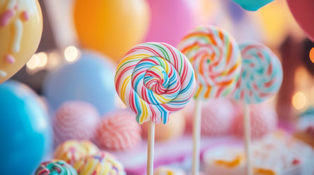 A vibrant display of colorful swirl lollipops on a festive table, perfect for parties and celebrations. Bright and joyful, ideal for sweet enthusiasts.の素材