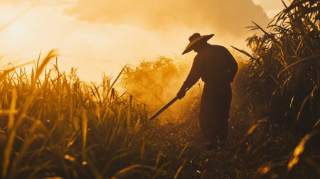 A silhouette of a farmer working in a golden field at sunset, surrounded by mist and serenity, capturing the essence of rural life and agriculture.の素材