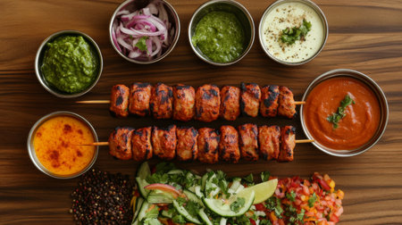 Indulge in a vibrant spread featuring grilled skewers accompanied by fresh herbs, colorful salad, and a variety of flavorful sauces. Perfect for sharing!の素材