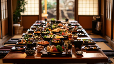 A beautifully arranged table filled with diverse Japanese dishes, showcasing vibrant colors and flavors in a traditional dining setting. Perfect for food lovers.の素材