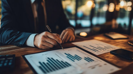 A businessman analyzes financial reports and data charts at a modern office desk, showcasing graphs and statistics critical for strategic decisions.の素材