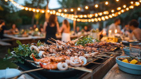 A vibrant outdoor party scene featuring a seafood grill loaded with skewers of shrimp and other delicacies, illuminated by charming string lights. Perfect for summer events!の素材