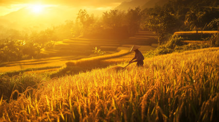 A farmer is harvesting rice in a golden field during sunset. The serene landscape showcases the tranquility of rural life and agricultural practices in nature.の素材