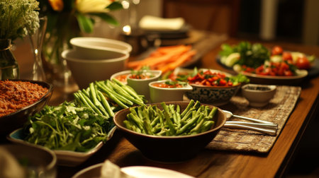 A beautiful arrangement of fresh vegetables and salads on a dining table, showcasing healthy ingredients in a vibrant, inviting setting for a meal.の素材
