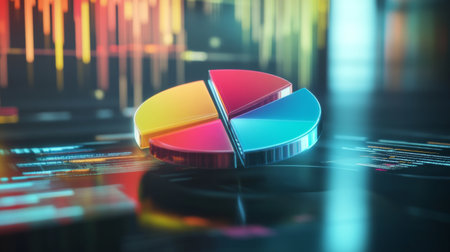 A vibrant pie chart displayed in a digital analytics environment, showcasing colorful segments against a backdrop of data graphs and tech elements.の素材