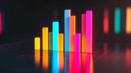 Brightly colored bar graph showcases trends in data analysis. The modern design highlights reflection and light, perfect for business and marketing themes.の素材
