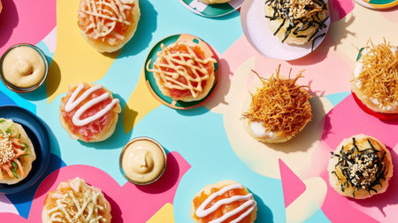 A vibrant and colorful flatlay of gourmet snacks showcasing various flavors and textures, perfect for food lovers and culinary enthusiasts.の素材