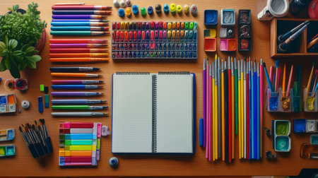 A vibrant flat lay of art supplies arranged on a wooden desk. The setup includes colorful pens, paints, brushes, and a blank sketchbook for creativity.の素材