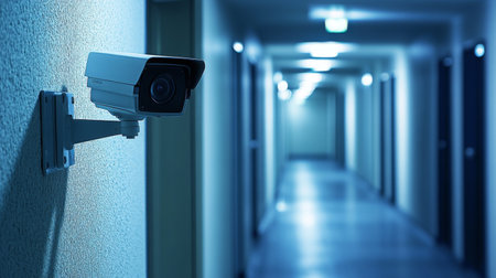 A modern security camera installed in a dimly lit hotel corridor, emphasizing surveillance technology and safety in an urban environment.の素材
