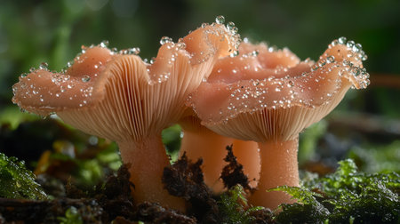 Two delicate mushrooms with sparkling dew drops captured in a lush forest, showcasing their intricate details in a serene natural environment.の素材