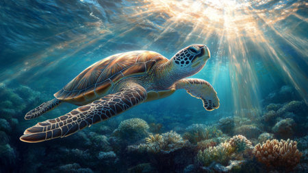 A stunning sea turtle gliding gracefully through clear ocean waters, illuminated by sunlight breaking the surface. This captivating scene showcases marine beauty and biodiversity.の素材