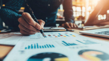 A close-up view of a professional analyzing business reports and data charts while planning strategies at an office desk, showcasing teamwork and technology.の素材