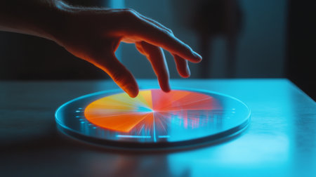 A hand manipulating a glowing, interactive pie chart, illustrating modern data visualization techniques. This concept showcases technology and user engagement.の素材